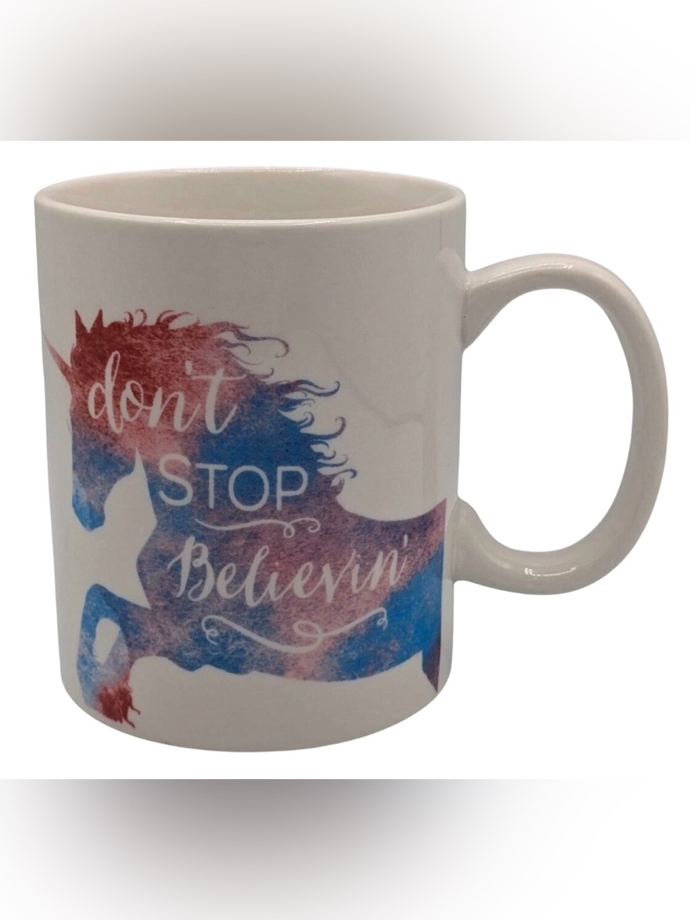 P.  Graham Dunn “Don't Stop Believin'”beautiful Unicorn Ceramic Mug.